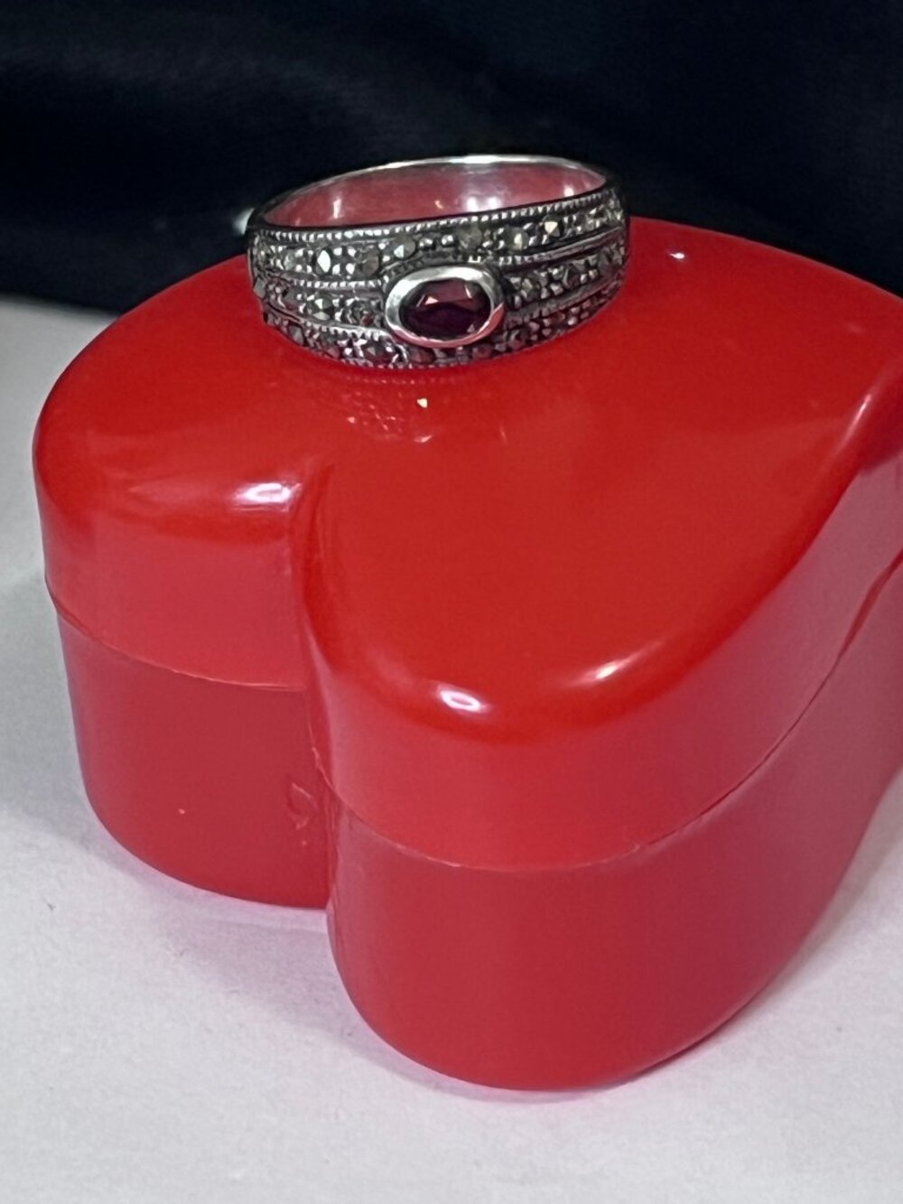Vintage Sterling Ring with Red Garnet Bezel set Cabochon Promise Love Design